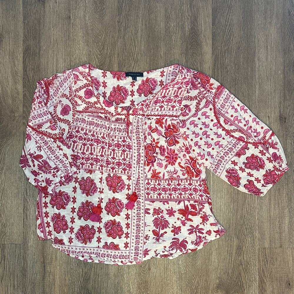 Floral Boho Peasant Blouse Red Pink Patchwork Print Tassel Tie Top M